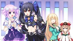  4girls bare_shoulders black_hair blanc_(neptunia) blonde_hair blush breasts brown_hair chou_megami_shinkou_noire_gekishin_black_heart cleavage crop_top d-pad d-pad_hair_ornament game_cg hair_ornament hat highres large_breasts long_hair manamitsu midriff multiple_girls navel neptune_(neptunia) neptune_(series) noire_(neptunia) official_art open_mouth purple_eyes purple_hair red_eyes ribbon short_hair smile twintails vert_(neptunia) 