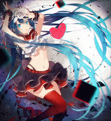  aqua_eyes aqua_hair arms_up bare_shoulders black_panties black_skirt bless_you_(module) commentary female flower frills hair_flower hair_ornament hakusai_(tiahszld) hatsune_miku heart highleg highleg_panties highres long_hair looking_at_viewer midriff miniskirt navel nisoku_hokou_(vocaloid) panties photoshop_(medium) project_diva_(series) project_diva_f_2nd red_thighhighs shirt skirt sleeveless sleeveless_shirt solo symbol-only_commentary thighhighs twintails underwear very_long_hair vocaloid wrist_cuffs 