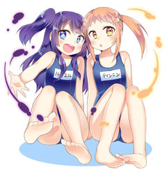  +_+ 2girls :d :o barefoot blue_eyes blush commentary_request feet kaki_s long_hair lumiel_(p&amp;d) multiple_girls name_tag one-piece_swimsuit open_mouth orange_eyes orange_hair photoshop_(medium) purple_hair puzzle_&amp;_dragons school_swimsuit sitting smile swimsuit tinnin toes twintails two_side_up 