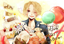  balloon birthday cake food male male_focus one-eye_closed one_eye_closed one_piece photo_(object) photograph_(object) sabo_(one_piece) scar smile solo 