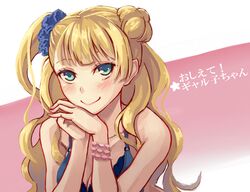  asymmetrical_hair blonde_hair blue_bra blue_eyes blush bra breasts cleavage female galko gyaru-ko hair_bun long_hair looking_at_viewer one_side_up oshiete!_galko-chan oshiete!_gyaru-ko-chan reimaco side_bun smile solo underwear 