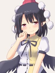  black_hair black_ribbon black_wings blush breasts collared_shirt commentary_request dadamori female hat looking_at_viewer neck_ribbon pointy_ears raised_eyebrow red_eyes ribbon shameimaru_aya shirt short_hair simple_background small_breasts solo tokin_hat touhou upper_body wings 