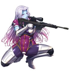  00s alberta_(taimanin_asagi) blue_skin blush breasts female female kokonoki_nao large_breasts lilith-soft lipstick multicolored_hair point pointy_ears purple_eyes rifle shiny shiny_skin solo squatting taimanin_(series) taimanin_asagi taimanin_asagi_battle_arena weapon 