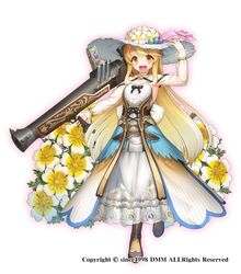  :d black_bow blonde_hair boots bow commentary_request detached_sleeves dress female flower flower_knight_girl full_body gun happy hat holding holding_weapon limnanthes_(flower_knight_girl) long_hair looking_at_viewer nakaishow name_connection object_namesake official_art open_mouth orange_eyes see-through smile solo standing tachi-e weapon white_background white_dress 