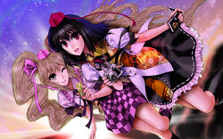  2girls black_hair blouse brown_eyes brown_hair camera cellphone checkered_clothes checkered_skirt commentary_request flying glint hat highres himekaidou_hatate kneehighs leaf_print long_hair looking_at_viewer mechanical_pencil multiple_girls neck_ribbon notepad one_eye_closed open_mouth pencil phone photoshop_(medium) red_eyes ribbon shameimaru_aya shirt short_hair side-by-side skirt sky smile socks star_(sky) starry_sky sunset tokin_hat touhou twintails umami_(sakeikura) 