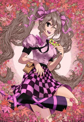  blouse bow brown_eyes brown_hair brush cellphone checkered_clothes checkered_skirt commentary_request crossed_legs feet_out_of_frame female frilled_shirt_collar frills glint hairbow hat heart highres himekaidou_hatate juliet_sleeves kneehighs leaf leaf_background long_hair long_sleeves looking_at_viewer neck_ribbon one_eye_closed open_mouth phone photoshop_(medium) pouch puffy_sleeves ribbon shirt skirt smile socks solo tokin_hat touhou twintails umami_(sakeikura) very_long_hair 