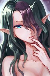  aqua_eyes breasts cleavage collarbone elf female green_hair hair_ornament hair_over_one_eye highres lips long_hair misery_(outer_zone) multicolored_hair nude out-of-frame_censoring outer_zone pointy_ears purple_hair reimaco solo two-tone_hair 