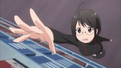  ahoge animated animated anime_screenshot bespectacled black_hair bookshelf breasts female foreshortening from_above glasses lanyard large_breasts medium_breasts reaching servant_x_service short_hair solo turtleneck yamagami_lucy 