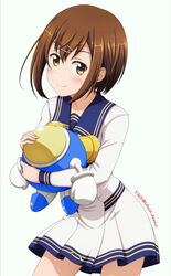  bad_id bad_pixiv_id blue_sailor_collar blush brown_eyes brown_hair character_name closed_mouth commentary cowboy_shot dress female gerwalk hair_between_eyes hair_ornament hairclip highres hugging_object ishida_seito long_sleeves mecha photoshop_(medium) robot sailor_collar sailor_dress shirt smile solo tachikawa_akane tokimeki_idol twinbee twinbee_(character) white_dress white_shirt 