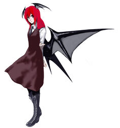  arms_behind_back boots collared_shirt commentary_request cross-laced_footwear demon_wings dress dress_shirt female full_body head_wings highres koakuma large_wings light_smile long_hair long_sleeves looking_at_viewer low_wings necktie photoshop_(medium) red_eyes red_hair shirt simple_background solo standing touhou umami_(sakeikura) white_background white_shirt wings 