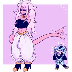  1boy android_21 baggy_pants breasts cell_jr cleavage dragon_ball dragon_ball_fighterz dragon_ball_z female female high_heel_boots long_hair majin_(race) majin_android_21 pink_hair tail white_hair 