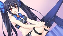  black_hair blue_ribbon blue_thighhighs blush breasts chou_megami_shinkou_noire_gekishin_black_heart crop_top dutch_angle female game_cg groin hair_ribbon highres indoors long_hair looking_at_viewer manamitsu medium_breasts midriff miniskirt navel neptune_(series) noire_(neptunia) official_art open_mouth red_eyes ribbon sitting skirt sleeveless solo stomach thigh_strap thighhighs twintails very_long_hair 