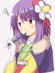  agatha_chris_q_outfit_(touhou) annoyed blush cape commentary_request dadamori female flower forbidden_scrollery gloves hair_flower hair_ornament hieda_no_akyuu holding holding_pen japanese_clothes kimono pen purple_eyes purple_hair short_hair simple_background solo touhou upper_body white_gloves 