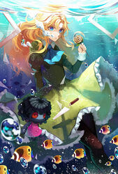  air_bubble ayan blonde_hair blue_eyes bubble butterflyfish commentary doll doll_(ib) dress female fish flower green_dress ib_(kouri) long_hair looking_at_viewer mary_(ib) pantyhose picture_frame rose solo tropical_fish underwater yellow_flower yellow_rose 