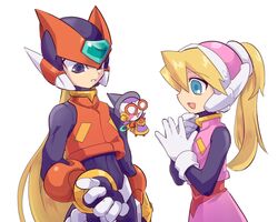  1boy android blonde_hair blue_eyes ciel_(rockman) cyber_elves female gloves headgear helmet long_hair omeehayo open_mouth rockman rockman_zero simple_background white_background white_gloves zero_(rockman) 