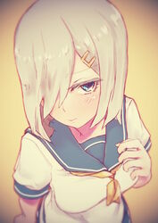  bad_id bad_pixiv_id blue_eyes blush breasts collarbone comrade_stalin female grey_hair grey_sailor_collar hair_ornament hair_over_one_eye hairclip hamakaze_(kancolle) kantai_collection large_breasts neckerchief sailor_collar school_uniform serafuku short_hair short_sleeves solo uniform yellow_neckerchief 