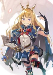  black_footwear black_gloves black_thighhighs blonde_hair blunt_bangs book boots bow bowtie cagliostro_(dark)_(granblue_fantasy) cagliostro_(granblue_fantasy) commentary dress female gloves granblue_fantasy grin hairband hinami_(hinatamizu) holding holding_book long_hair looking_at_viewer ouroboros_(granblue_fantasy) parted_lips protected_link purple_eyes red_bow red_bowtie short_sleeves smile solo standing standing_on_one_leg thigh_boots thighhighs 