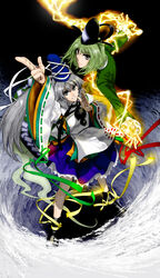  2girls boots brown_eyes commentary_request dress electricity foreshortening from_above ghost_tail green_hair grey_eyes grey_hair grin hat highres japanese_clothes kariginu long_hair looking_at_viewer looking_up mononobe_no_futo multiple_girls neck_ribbon photoshop_(medium) pom_pom_(clothes) ponytail ribbon short_hair skirt smile soga_no_tojiko tate_eboshi touhou umami_(sakeikura) wide_sleeves 