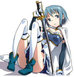  armband blonde_hair blue_hair cape commentary_request female gloves kabane_(follabi) magical_girl mahou_shoujo_madoka_magica mahou_shoujo_madoka_magica_(anime) miki_sayaka miki_sayaka_(magical_girl) short_hair sitting skirt solo sword weapon 