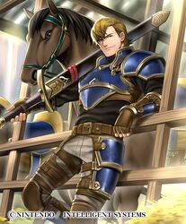  1boy armor beowolf_(fire_emblem) blonde_hair commentary_request company_name fingerless_gloves fire_emblem fire_emblem:_genealogy_of_the_holy_war fire_emblem_cipher gloves homa_kura horse male_focus official_art solo sword weapon 