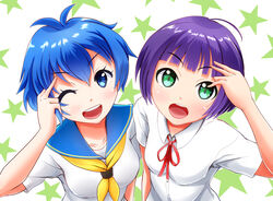  2girls ;d araki_rena blue_eyes blue_hair commentary_request green_eyes kamishiro_sui looking_at_viewer multiple_girls one_eye_closed open_mouth photoshop_(medium) purple_hair revision ribbon school_uniform serafuku short_hair smile star_(symbol) starry_background taka_shida tokyo_7th_sisters twitter_username white_background 