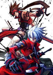  2boys arc_system_works belt blazblue blue_hair brown_hair commentary_request company_connection fingerless_gloves fireseal gloves green_eyes guilty_gear hairband heterochromia male_focus multiple_boys ragna_the_bloodedge red_eyes sol_badguy sowel_(sk3) sword weapon white_background yellow_eyes 