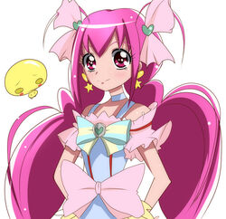  bow choker commentary_request cosplay creature cure_echo cure_echo_(cosplay) cure_happy earrings female frills fuu-chan_(precure) hair_ribbon hands_on_own_hips haru_(nature_life) hoshizora_miyuki jewelry long_hair low_twintails magical_girl pink_bow pink_eyes pink_hair precure precure_all_stars_new_stage:_mirai_no_tomodachi ribbon skirt smile smile_precure twintails waist_bow white_background white_choker 