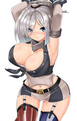  american_flag_legwear armpits arms_up asymmetrical_legwear belt belt_buckle blue_eyes blush breasts buckle cleavage commentary_request cosplay covered_nipples elbow_gloves female front-tie_top garter_straps gloves grey_hair hair_over_one_eye hamakaze_(kancolle) headgear highres iowa_(kancolle) iowa_(kancolle)_(cosplay) kantai_collection large_breasts looking_at_viewer miniskirt mismatched_legwear navel short_hair simple_background sin_(kami148) skirt solo striped_clothes striped_skirt striped_thighhighs thighhighs vertical-striped_clothes vertical-striped_skirt vertical-striped_thighhighs white_background 