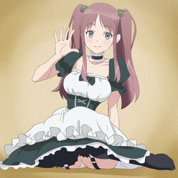  apron black_choker black_dress black_thighhighs blush breasts brown_background brown_hair choker closed_mouth dress female frilled_apron frilled_choker frills garter_belt green_eyes hair_bobbles hair_ornament haruyama_kazunori large_breasts long_hair looking_at_viewer maid okamoto_miyu panties pantyshot puffy_short_sleeves puffy_sleeves short_sleeves sitting smile solo thighhighs twintails underwear waist_apron wake_up_girls! wariza white_apron white_panties 