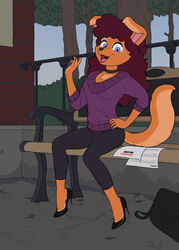  80&#039;s_theme aikon anthro bag bench biped black_bottomwear black_clothing black_pants bottomwear canid canine canis clothing domestic_dog female footwear hi_res high_heels mammal nina_novelli on_bench outside pants paper park shoes solo sweater topwear 