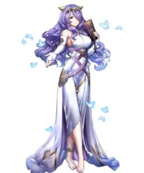  anklet bare_shoulders barefoot breasts bug butterfly camilla_(adrift)_(fire_emblem) camilla_(fire_emblem) closed_mouth dress female fire_emblem fire_emblem_fates fire_emblem_heroes full_body hair_over_one_eye highres holding jewelry large_breasts long_hair looking_at_viewer mikurou_(nayuta) nail_polish official_art outstretched_hand purple_eyes purple_hair solo standing toenail_polish toenails toes transparent_background white_dress 