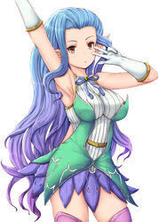  :o arm_up armpits blue_hair breasts brown_eyes commentary_request female gloves gradient_hair granblue_fantasy long_hair looking_at_viewer medium_breasts multicolored_hair nagi_uru pink_thighhighs pointy_ears purple_hair simple_background solo thighhighs tiamat_(granblue_fantasy) v white_background white_gloves 