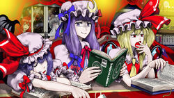  6+girls :d arm_rest barcode bat_wings blonde_hair blue_hair book bookmark bookshelf broom capelet chandelier closed_eyes commentary_request crescent crescent_hat_ornament crying curtains flandre_scarlet grey_hair handkerchief hat hat_ornament hat_ribbon highres izayoi_sakuya kirisame_marisa koakuma long_hair looking_at_another mob_cap multiple_girls necktie open_mouth patchouli_knowledge photoshop_(medium) purple_eyes purple_hair reading red_eyes red_hair remilia_scarlet ribbon saliva short_hair silhouette sleeping smile striped sweatdrop table tears touhou umami_(sakeikura) window wings wiping_tears wrist_cuffs yawning 