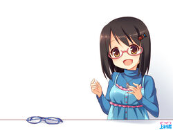  :d blue-framed_eyewear blue_dress camisole camisole_over_clothes commentary_request dress female glasses hair_ornament hairpin head_tilt idolmaster idolmaster_cinderella_girls jewelry kamijo_haruna looking_at_viewer momojiri_aya necklace open_mouth red-framed_eyewear short_hair simple_background smile table upper_body white_background yellow_eyes 