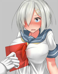  1boy admiral_(kancolle) between_breasts blue_eyes blush breasts commentary_request female grey_background grey_hair hair_ornament hair_over_one_eye hairclip hamakaze_(kancolle) kantai_collection kashiwamochi_(kashiwakashiwa) large_breasts school_uniform serafuku short_hair short_sleeves simple_background 