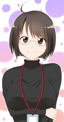  absurdres ahoge bad_id bad_pixiv_id breasts brown_eyes brown_hair female glasses highres lanyard large_breasts servant_x_service shirt short_hair smile solo sweater taut_clothes taut_shirt turtleneck x&amp;x&amp;x yamagami_lucy 