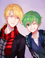  2boys alternate_costume blonde_hair commentary_request fire_emblem fire_emblem:_mystery_of_the_emblem gordin_(fire_emblem) green_eyes green_hair highres jeorge_(fire_emblem) long_hair low_ponytail male_focus multiple_boys one_eye_closed photoshop_(medium) rheamii scarf teeth yellow_eyes 