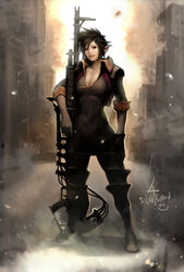  black_hair breasts cleavage commentary_request elf female gloves gun highres kokecit lips medium_breasts nose original photoshop_(medium) planted pointy_ears rifle short_hair single_glove sniper_rifle solo spiked_hair weapon 