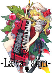  blonde_hair clavia_nord commentary_request female flandre_scarlet food fruit fujinohara_akihira hat hexagram hilt instrument keyboard_(instrument) keytar long_hair mary_janes red_eyes ribbon shoes side_ponytail skirt skirt_set smile socks solo touhou white_socks wings 