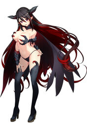  &gt;:) armor bare_shoulders bikini bikini_armor black_bikini black_footwear black_hair black_thighhighs blush boots breasts bridgeless_bra cape cleavage collarbone commentary_request demon_girl demon_horns female full_body hair_between_eyes hand_on_own_hip hand_on_own_thigh high_heel_boots high_heels highleg highleg_bikini horns large_breasts long_hair looking_at_viewer maoujou_no_chef multicolored_hair nail_polish navel official_art parted_lips pointy_ears red_eyes red_hair red_nails revealing_clothes sidelocks simple_background smile solo stomach swimsuit thigh_boots thighhighs two-tone_hair v-shaped_eyebrows vambraces very_long_hair white_background yamacchi 