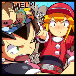  1boy belt blonde_hair breasts brown_gloves brown_hair cabbie_hat commentary_request cropped_jacket earrings gloves green_eyes hat jacket jewelry long_hair matilda_caskett_(mega_man) mega_man_(series) mega_man_legends_(series) multiple_girls open_mouth red_jacket rog_rockbe roll_caskett_(mega_man) sera_(mega_man) short_hair short_sleeves tron_bonne_(mega_man) 