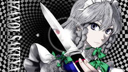  blue_eyes bow braid character_name checkered_background closed_mouth commentary_request different_reflection female glint grey_hair hairbow highres izayoi_sakuya knife long_hair looking_at_viewer maid_headdress neck_ribbon photoshop_(medium) portrait red_eyes reflection ribbon smile solo touhou twin_braids umami_(sakeikura) 