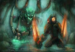  ambiguous_gender armor bionicle deviantart duo green_eyes horn lego machine mask melee_weapon mrbfox not_furry open_mouth orange_eyes robot standing sword tahu umarak watermark weapon 