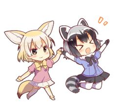  &gt;_&lt; 2girls :3 :d animal_ears arm_at_side arms_up black_bow black_bowtie black_eyes black_footwear black_gloves black_hair black_ribbon black_skirt blonde_hair blue_shirt bow bowtie breast_pocket brown_hair chibi closed_eyes commentary_request common_raccoon_(kemono_friends) eyelashes fennec_(kemono_friends) fox_ears fox_tail full_body fur_collar fur_trim gloves gradient_hair grey_hair happy holding_hands jitome jpeg_artifacts jumping kemono_friends loafers looking_at_another multicolored_hair multiple_girls neck_ribbon no_nose notice_lines open_mouth pantyhose pink_sweater pleated_skirt pocket puffy_short_sleeves puffy_sleeves raccoon_ears raccoon_tail ribbon shiroi_hakuto shirt shoes short-sleeved_sweater short_sleeves simple_background skirt smile striped_tail sweater tail thighhighs walking white_background white_footwear white_gloves white_hair white_legwear white_skirt xd yellow_gloves yellow_legwear yellow_ribbon zettai_ryouiki 