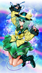  aqua_hair blouse boots bow checkered_background commentary_request female flower green_eyes green_skirt hat hat_bow heart heart_of_string highres jumping knees_together_feet_apart komeiji_koishi light_particles looking_at_viewer open_mouth photoshop_(medium) pointing pointing_up shirt short_hair skirt solo sparkle third_eye touhou umami_(sakeikura) wide_sleeves 