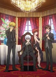  3boys accelerator black_dress blonde_hair brown_eyes brown_hair dress etzali female long_hair multiple_boys musujime_awaki official_art red_hair suit sunglasses to_aru_majutsu_no_index tsuchimikado_motoharu white_hair 