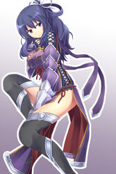  ao_no_kiseki black_thighhighs commentary_request eiyuu_densetsu female full_body gauntlets gloves gradient_background half_updo long_hair migime1 purple_background purple_eyes purple_hair rixia_mao side_slit solo thighhighs white_background 