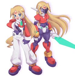  1boy bad_id bad_twitter_id biometal blonde_hair blue_eyes commentary_request energy_blade energy_sword facial_mark forehead_mark full_body girouette_(mega_man) glasses highres holding long_hair male_focus mega_man_(series) mega_man_zx model_z_(mega_man) omeehayo open_mouth pants robot_ears semi-rimless_eyewear simple_background standing sword under-rim_eyewear weapon white_background white_pants 