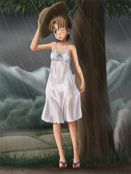  brown_eyes brown_hair commentary_request dress female fujimoto_atsuko hat lielos original panties rain sandals see-through short_hair solo standing sun_hat sundress tree underwear wet wet_clothes wet_dress white_panties wince 