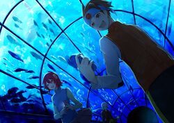  2boys absurdres aquarium aquarium_tunnel bad_id bad_twitter_id brown_eyes brown_hair commentary eugene_chaud_(mega_man) female fish hair_between_eyes hair_ornament hand_in_pocket headband highres holding lan_hikari_(mega_man) long_sleeves mayl_sakurai_(mega_man) mega_man_(series) mega_man_battle_network_(series) miniskirt multiple_boys open_mouth personal_terminal shino_hiro22 short_hair skirt smile tunnel vest water white_hair 